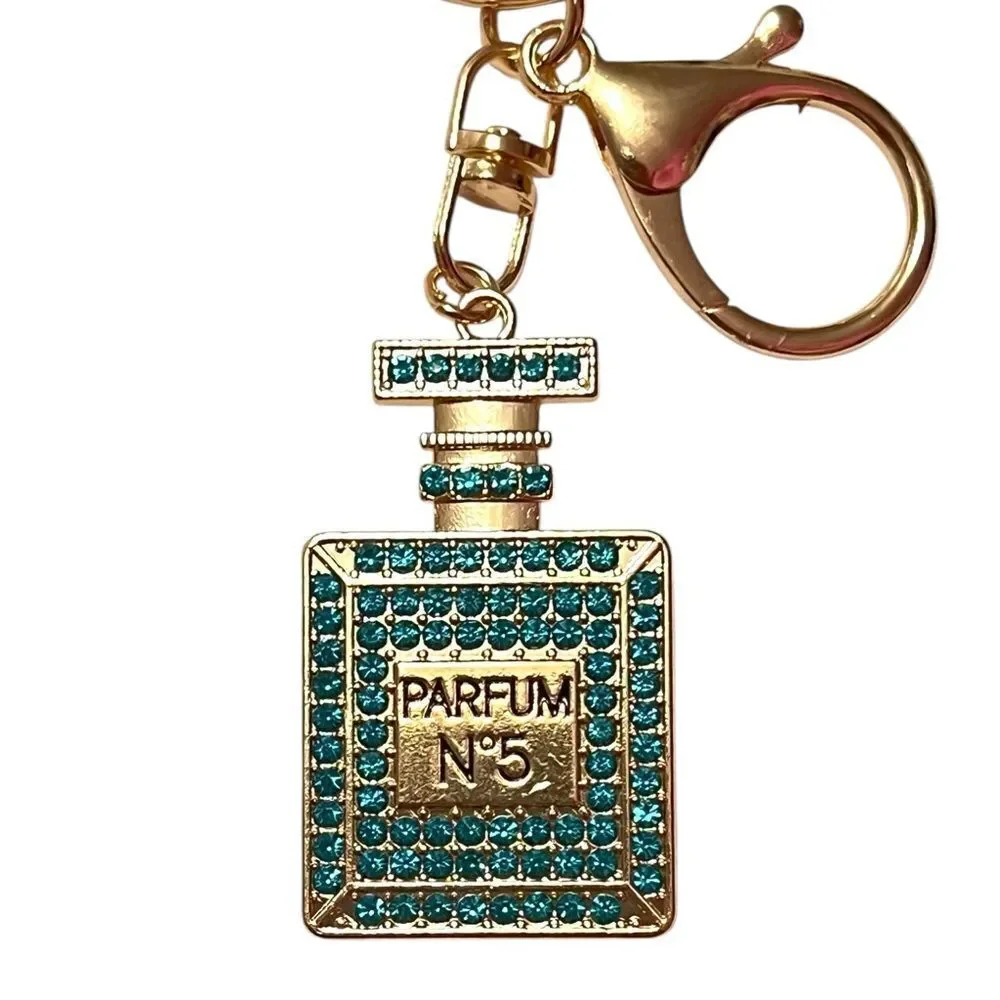 Blue Crystal Parfum No.5 Perfume Bottle Gold Keychain